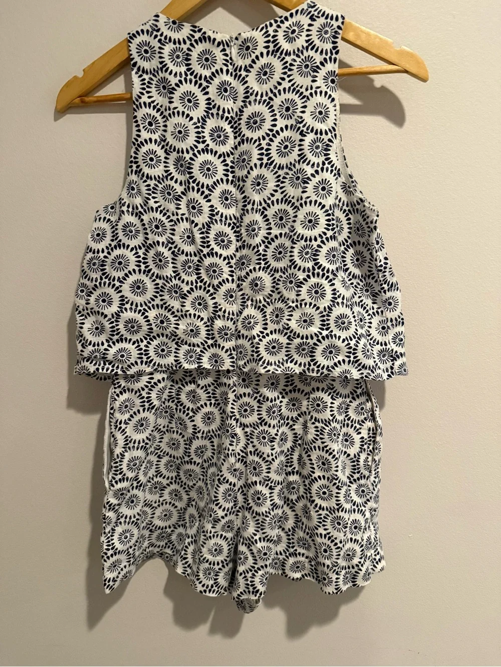 Zara Trafaluc 100% Linen Layered Romper Blue White Block Print Floral S Travel